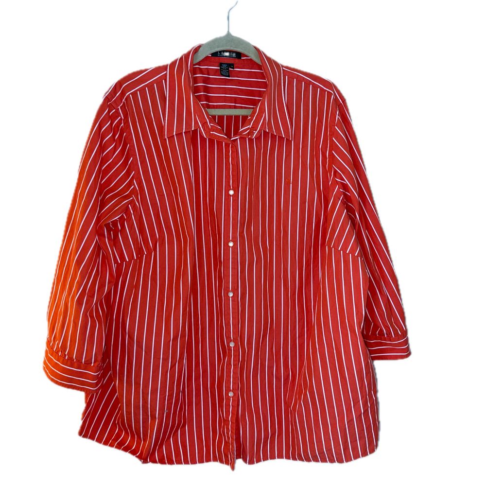 Lauren Ralph Lauren Plus 3X Orange White Stripe Cotton Button Up Shirt